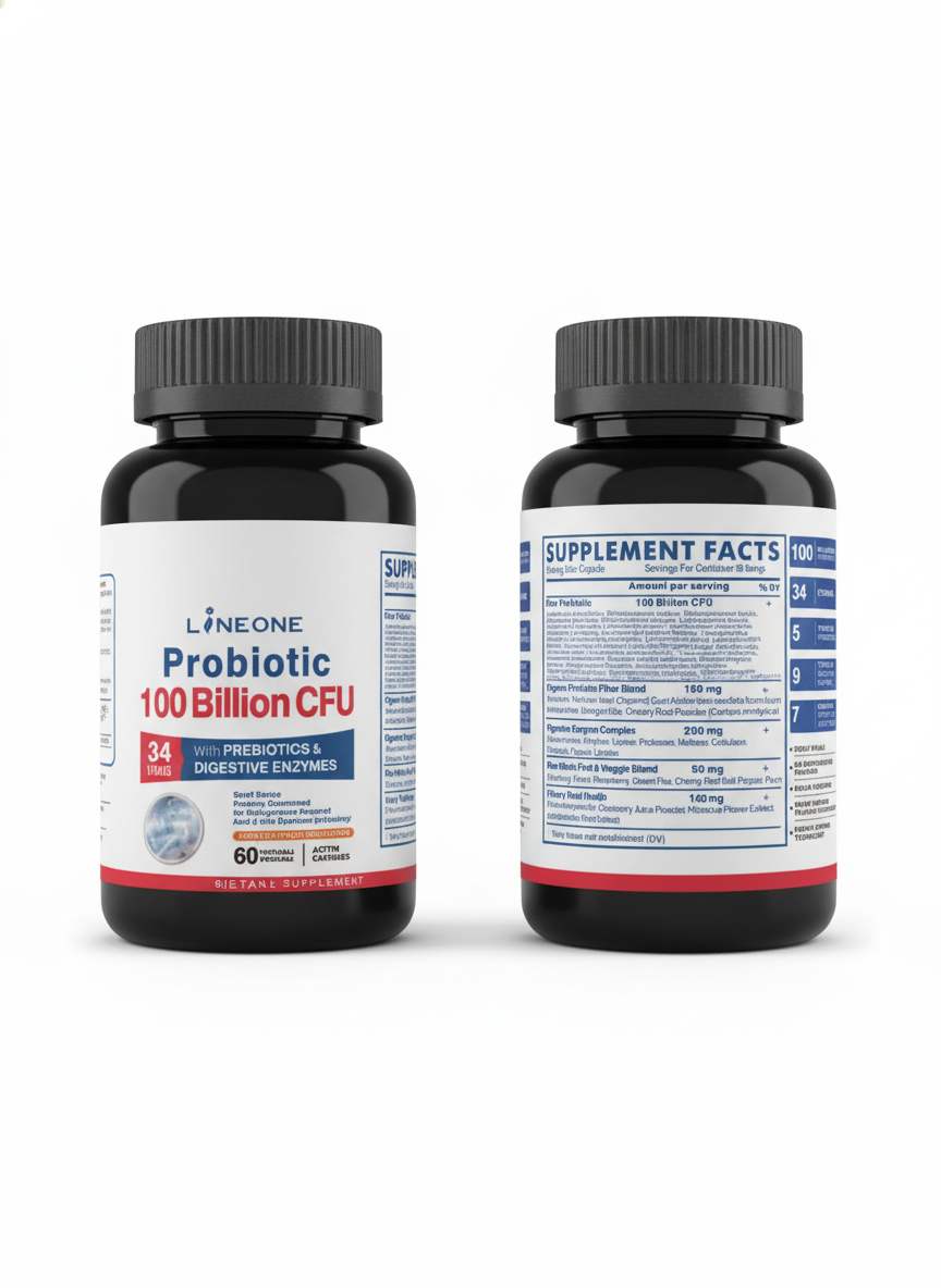 🦠 LINEONE Probiotic 100 Billion CFU - With Prebiotics & Digestive Enzymes (60 Capsules)