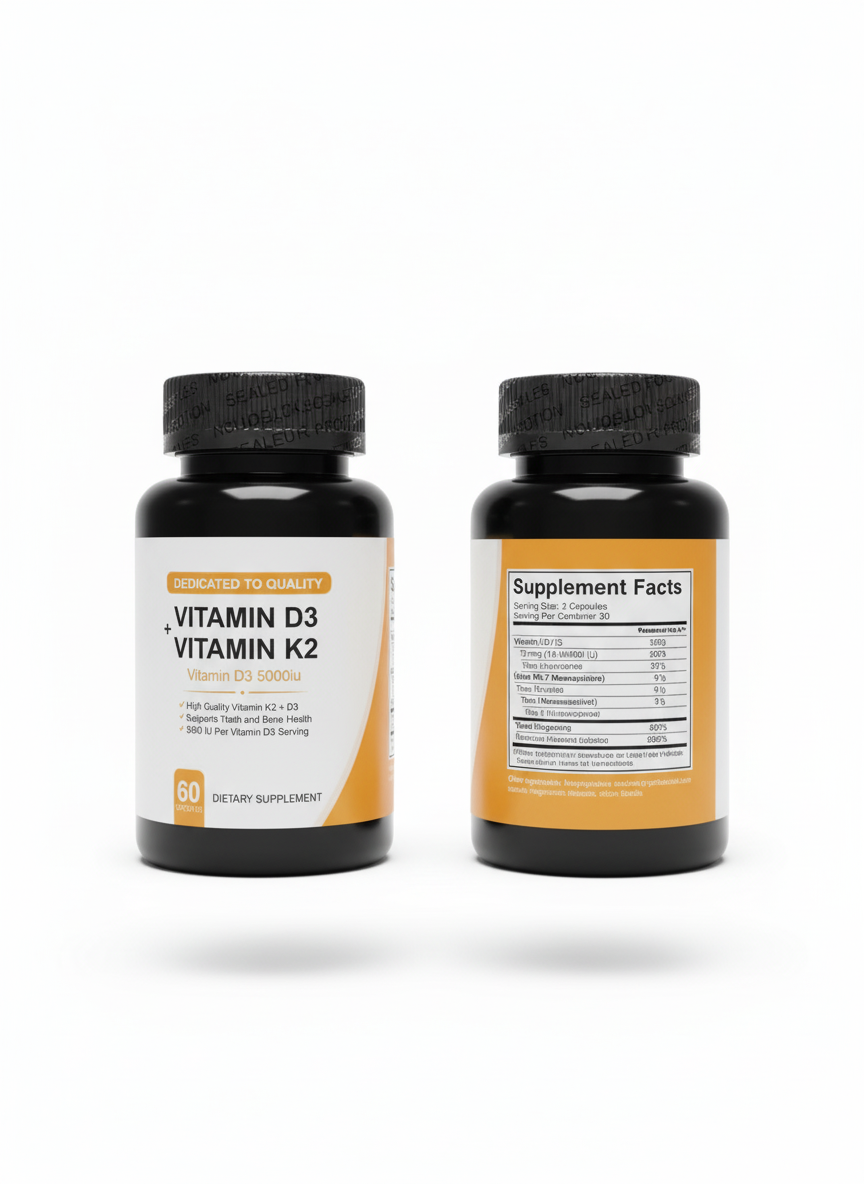 🦴 Vitamin D3 (5000 IU) + Vitamin K2 (MK-7) - Bone & Heart Health Formula (60 Capsules)