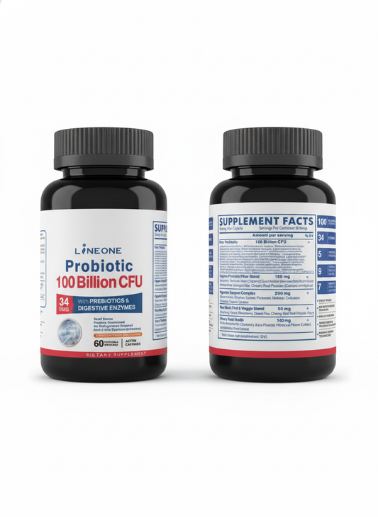 🦠 LINEONE Probiotic 100 Billion CFU - With Prebiotics & Digestive Enzymes (60 Capsules)